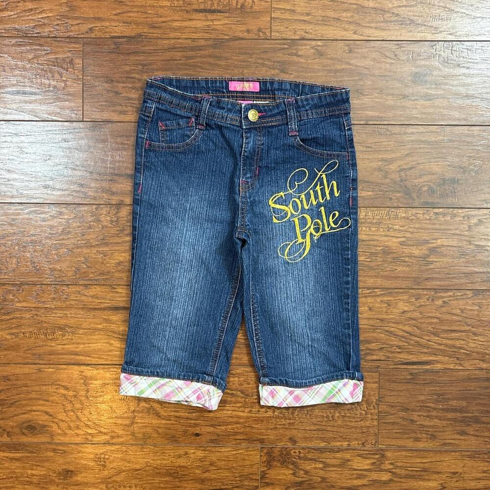 2000s SouthPole Girls Embroidered Gold Logo Denim Plaid Cuff Capri Jeans Size 14